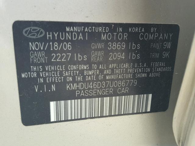 KMHDU46D37U086779 - 2007 HYUNDAI ELANTRA GL GOLD photo 10