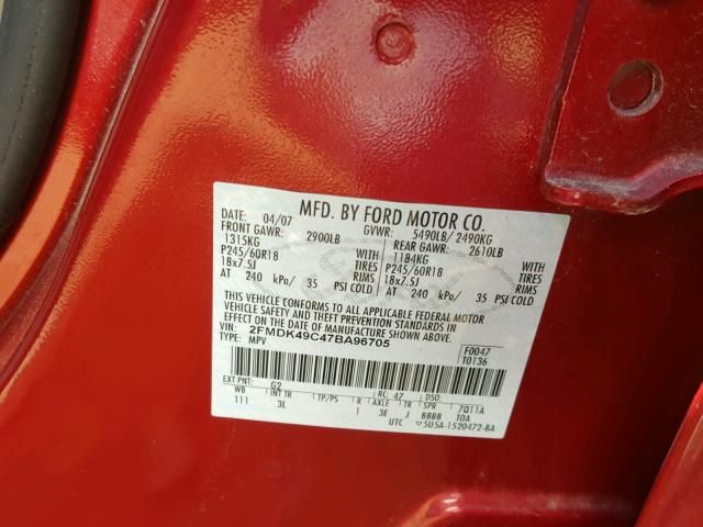 2FMDK49C47BA96705 - 2007 FORD EDGE SEL P RED photo 10