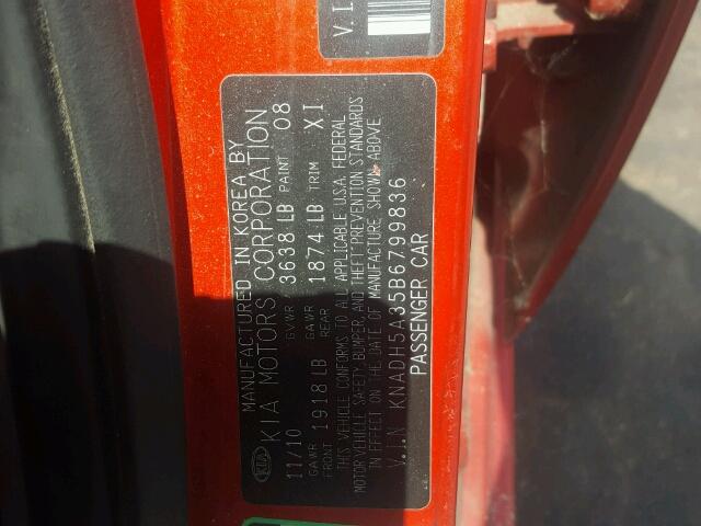 KNADH5A35B6799836 - 2011 KIA RIO BASE RED photo 10