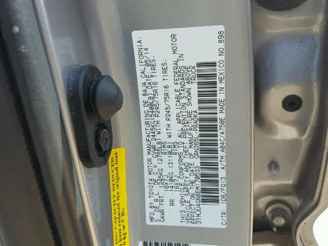 3TMJU4GN8EM170533 - 2014 TOYOTA TACOMA DOU SILVER photo 10