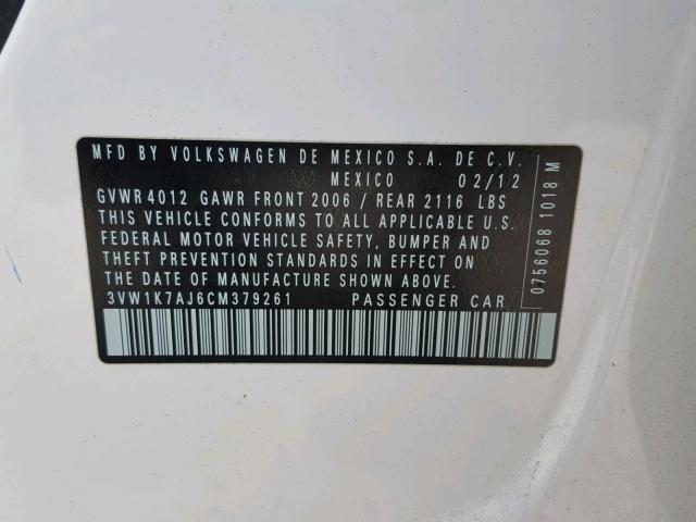 3VW1K7AJ6CM379261 - 2012 VOLKSWAGEN JETTA BASE 白色 照片 10