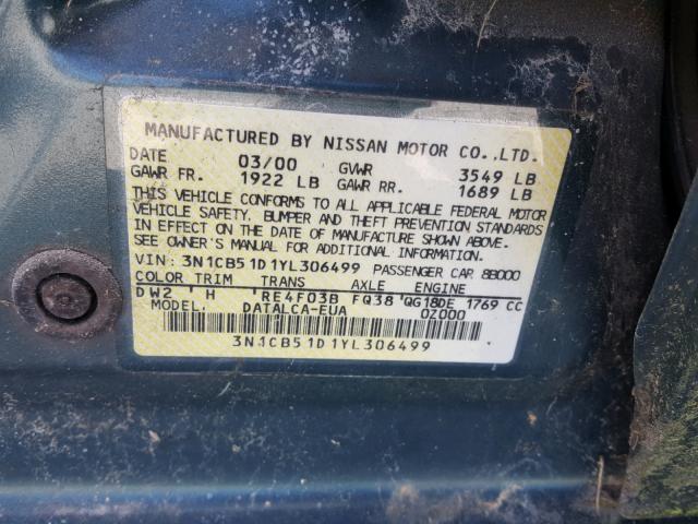 3N1CB51D1YL306499 - 2000 NISSAN SENTRA BAS GREEN photo 10