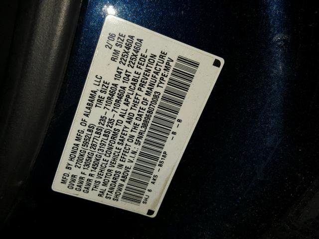 5FNRL38896B070083 - 2006 HONDA ODYSSEY TO BLUE photo 10