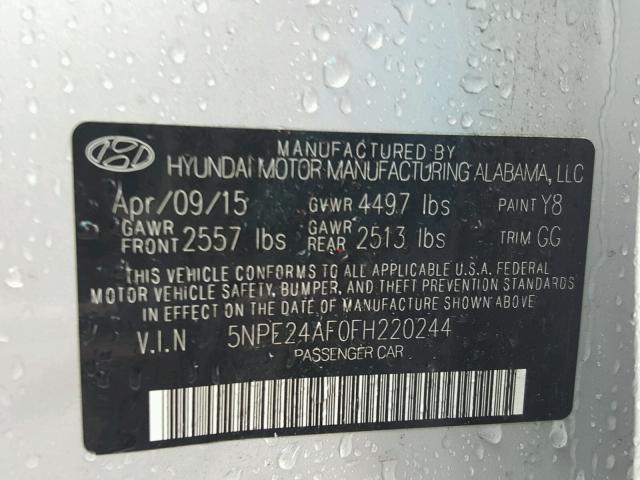 5NPE24AF0FH220244 - 2015 HYUNDAI SONATA SE SILVER photo 10