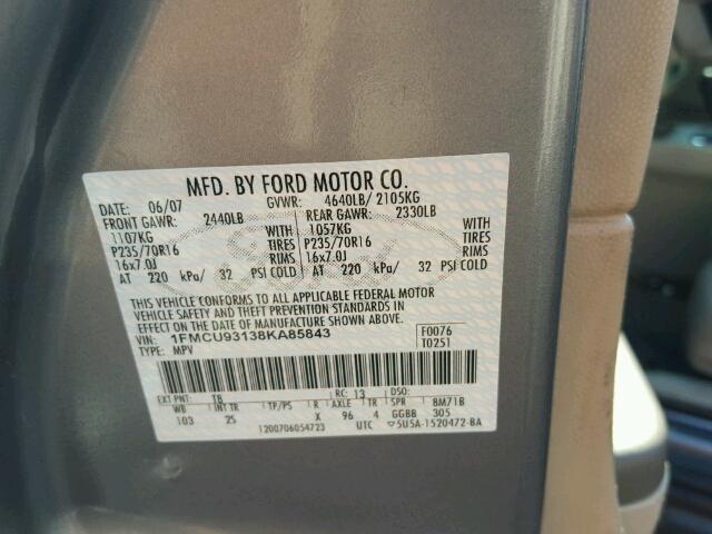 1FMCU93138KA85843 - 2008 FORD ESCAPE XLT GRAY photo 10