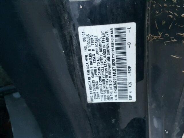 1HGEM22914L071828 - 2004 HONDA CIVIC EX შავი ფოტო 10