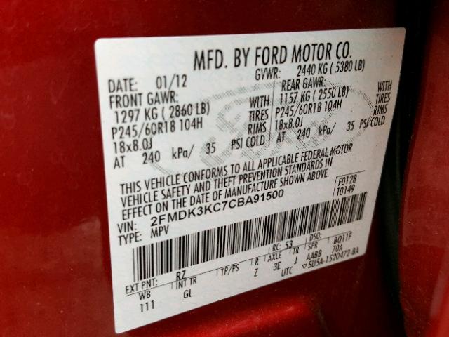2FMDK3KC7CBA91500 - 2012 FORD EDGE LIMIT RED photo 10