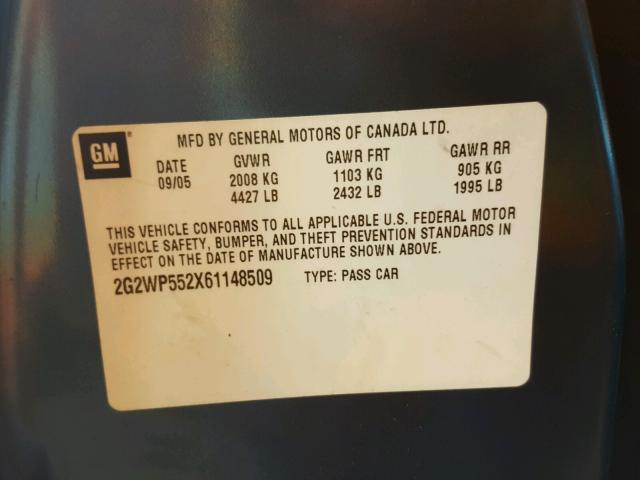 2G2WP552X61148509 - 2006 PONTIAC GRAND PRIX BLUE photo 10