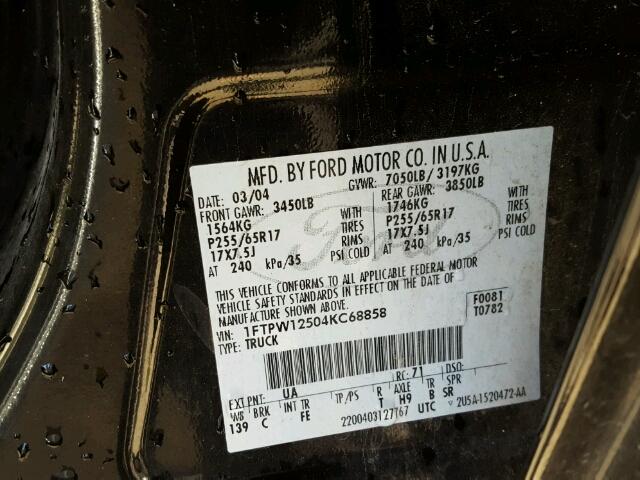 1FTPW12504KC68858 - 2004 FORD F150 BLACK photo 10