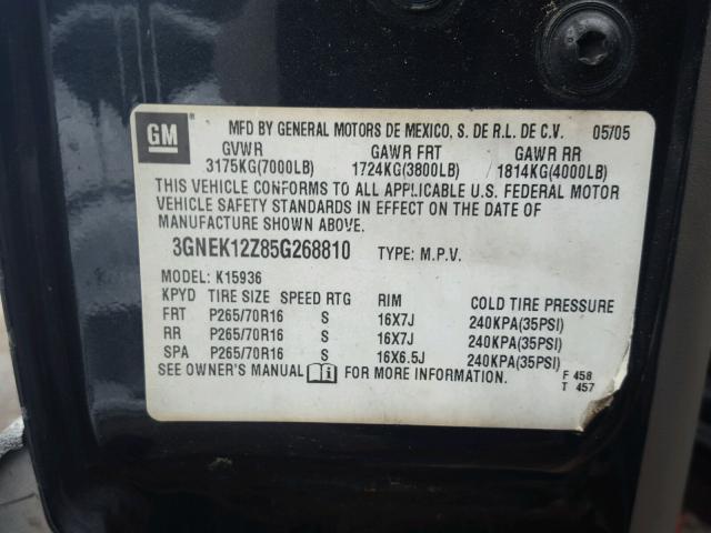 3GNEK12Z85G268810 - 2005 CHEVROLET AVALANCHE CHARCOAL photo 10