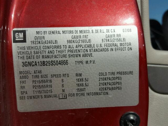 3GNCA13B29S504866 - 2009 CHEVROLET HHR LS ბურგუნდია ფოტო 10