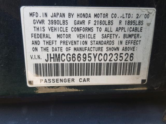 JHMCG6695YC023526 - 2000 HONDA ACCORD SE GREEN photo 10