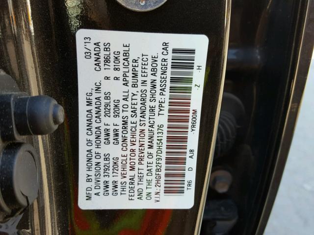 2HGFB2F97DH541376 - 2013 HONDA CIVIC EXL BLACK photo 10