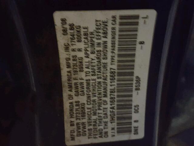 1HGFA16878L116687 - 2008 HONDA CIVIC EX 蓝色 照片 10