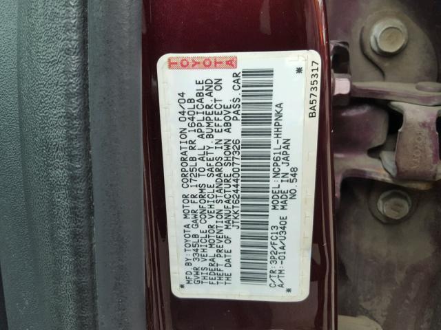 JTKKT624440077326 - 2004 TOYOTA SCION XA მუქწითელი ფოტო 10