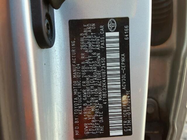 4T1BE32K44U873450 - 2004 TOYOTA CAMRY SILVER photo 10