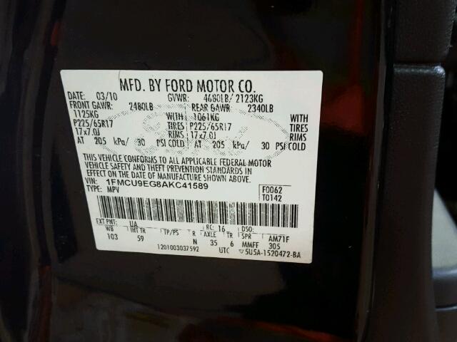 1FMCU9EG8AKC41589 - 2010 FORD ESCAPE LIM BLACK photo 10