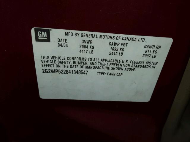 2G2WP522841348547 - 2004 PONTIAC GRAND PRIX Темно-червоний фото 10