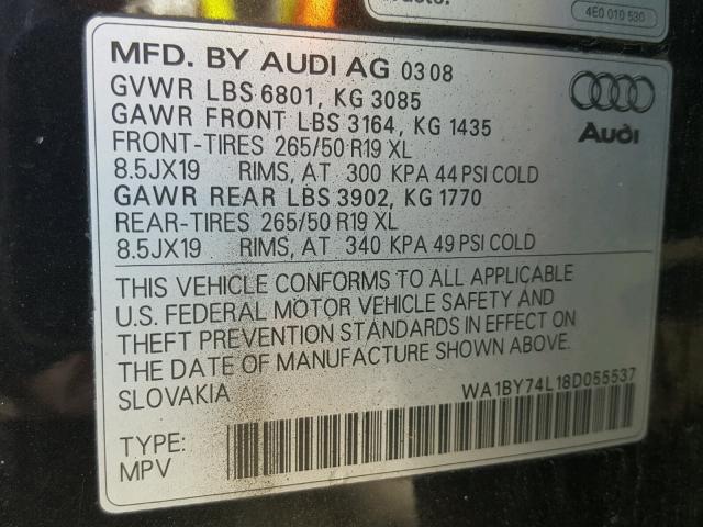 WA1BY74L18D055537 - 2008 AUDI Q7 3.6 QUA GRAY photo 10