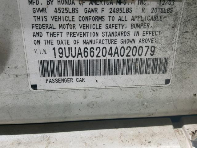 19UUA66204A020079 - 2004 ACURA TL WHITE photo 10