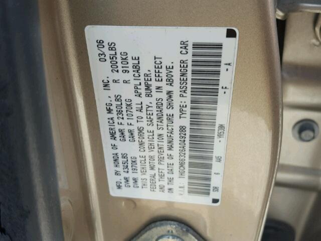 1HGCM66326A049288 - 2006 HONDA ACCORD GOLD photo 10