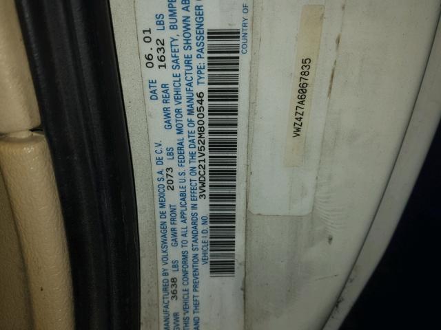 3VWDC21V52M800546 - 2002 VOLKSWAGEN CABRIO GLX 白色 照片 10