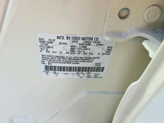 2FMDK39C87BB18246 - 2007 FORD EDGE SEL P CREAM photo 10