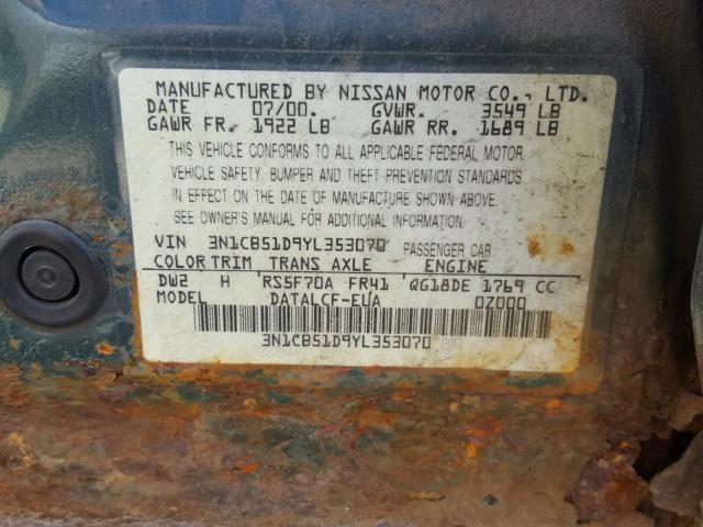 3N1CB51D9YL353070 - 2000 NISSAN SENTRA BAS GREEN photo 10