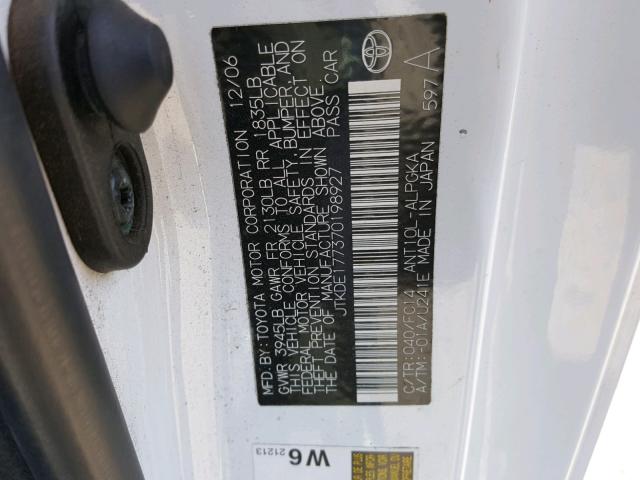 JTKDE177370198927 - 2007 TOYOTA SCION TC 白色 照片 10