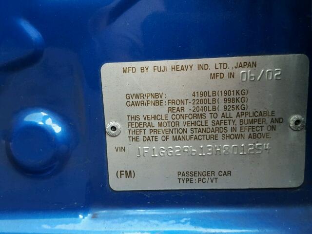 JF1GG29613H801254 - 2003 SUBARU IMPREZA WR BLUE photo 10