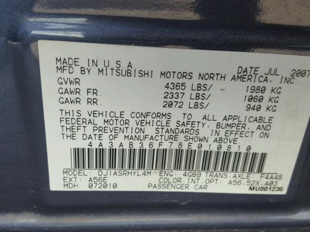 4A3AB36F78E010810 - 2008 MITSUBISHI GALANT ES BLUE photo 10