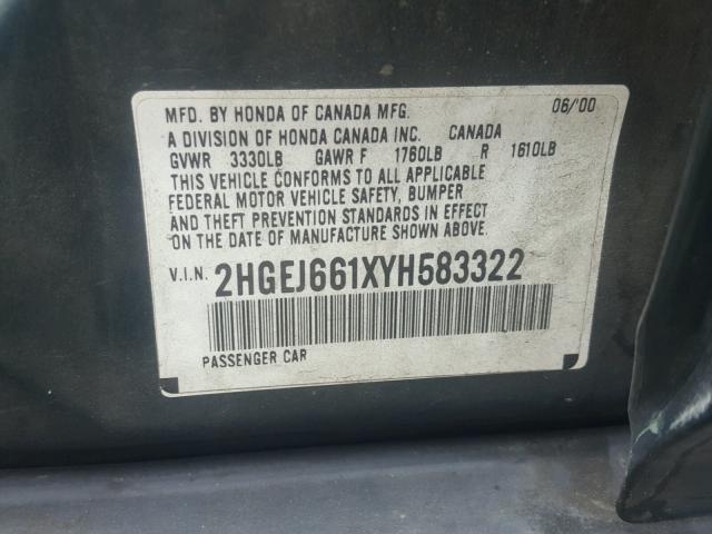 2HGEJ661XYH583322 - 2000 HONDA CIVIC BASE Yaşıl foto 10