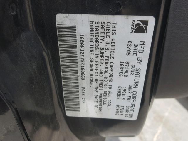 1G8AW12F75Z160660 - 2005 SATURN ION LEVEL BLACK photo 10