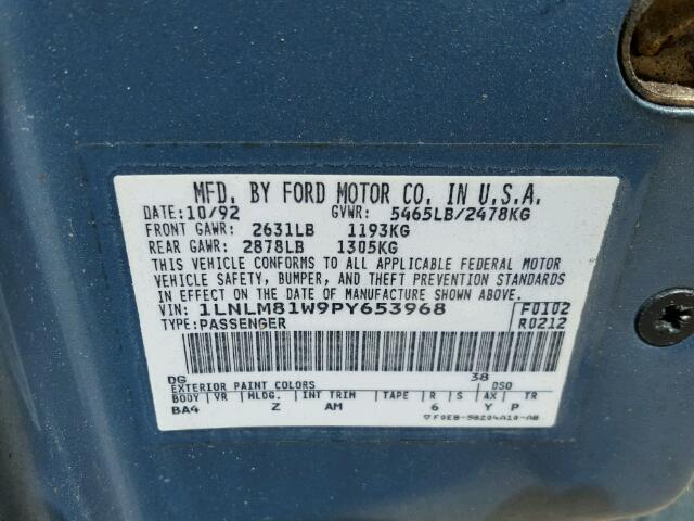 1LNLM81W9PY653968 - 1993 LINCOLN TOWN CAR E BLUE photo 10