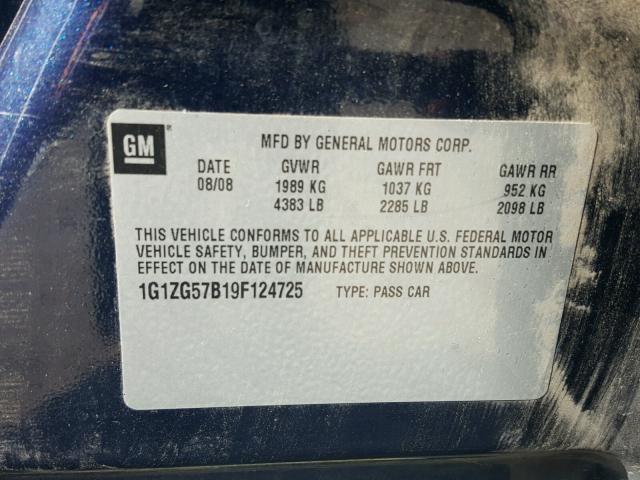 1G1ZG57B19F124725 - 2009 CHEVROLET MALIBU LS ლურჯი ფოტო 10