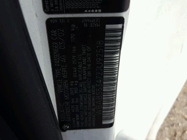 WBABS53472JU92518 - 2002 BMW 330 WHITE photo 10