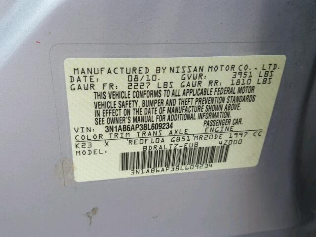 3N1AB6AP3BL609234 - 2011 NISSAN SENTRA 2.0 SILVER photo 10