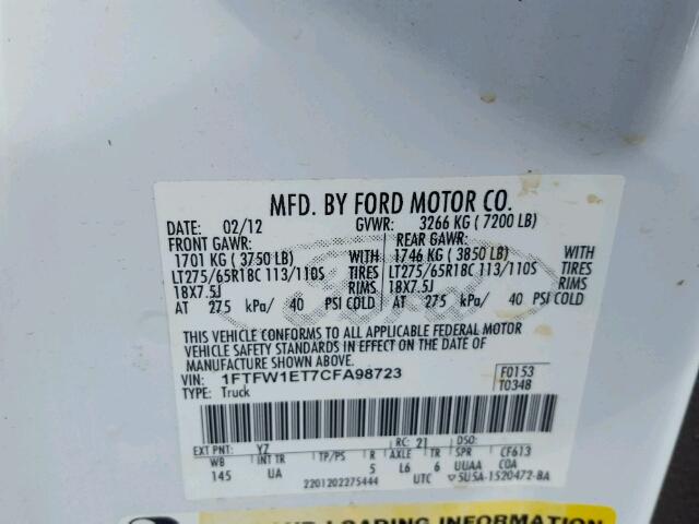 1FTFW1ET7CFA98723 - 2012 FORD F150 SUPER WHITE photo 10