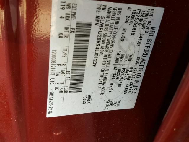 5LMFU28R94LJ01239 - 2004 LINCOLN NAVIGATOR ბურგუნდია ფოტო 10