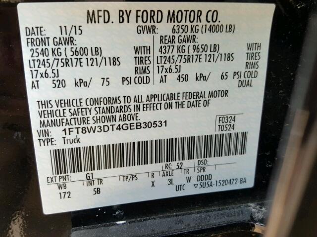 1FT8W3DT4GEB30531 - 2016 FORD F350 SUPER BLACK photo 10