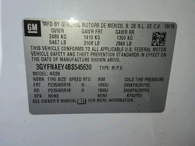 3GYFNAEY4BS545639 - 2011 CADILLAC SRX WHITE photo 10