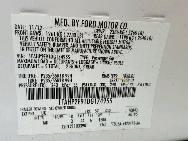 1FAHP2E91DG174955 - 2013 FORD TAURUS SEL WHITE photo 10