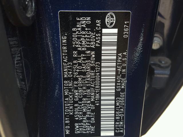 4T1BK1EB0DU041273 - 2013 TOYOTA AVALON BAS Mavi foto 10