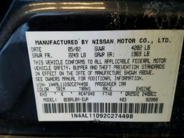 1N4AL11D92C274498 - 2002 NISSAN ALTIMA BAS BLACK photo 10