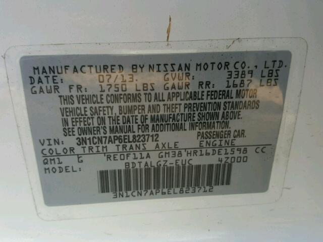 3N1CN7AP6EL823712 - 2014 NISSAN VERSA WHITE photo 10