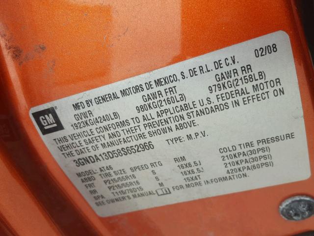 3GNDA13D58S652966 - 2008 CHEVROLET HHR LS ნარინჯისფერი ფოტო 10