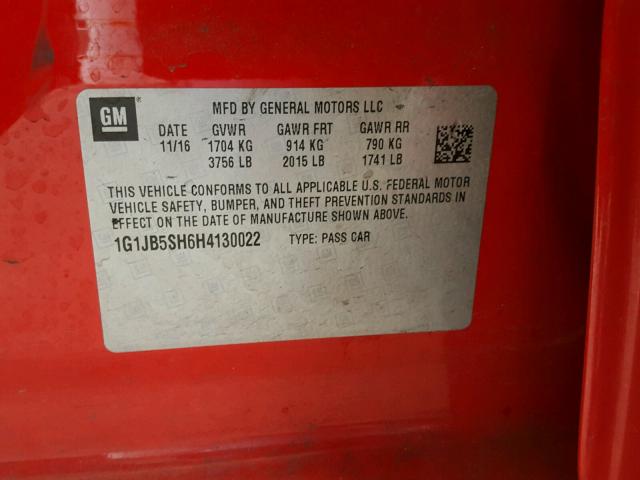 1G1JB5SH6H4130022 - 2017 CHEVROLET SONIC LS 红色 照片 10