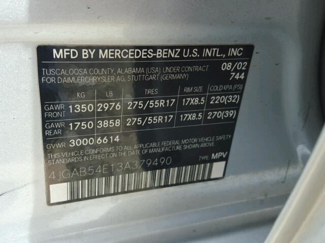 4JGAB54E13A379490 - 2003 MERCEDES-BENZ ML 320 SILVER photo 10