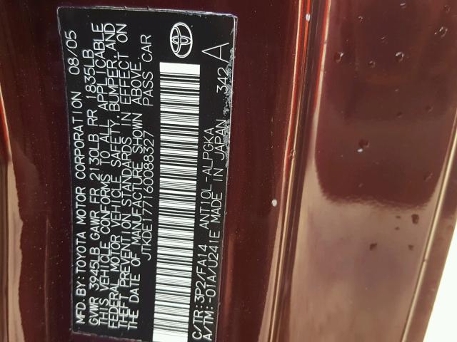 JTKDE177160088327 - 2006 TOYOTA SCION TC 栗色 照片 10