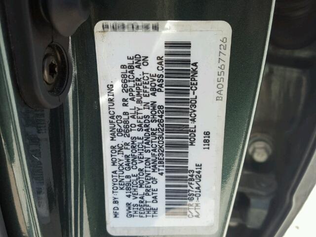 4T1BE32K03U226428 - 2003 TOYOTA CAMRY GRAY photo 10